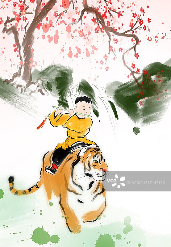 2022年虎年插画中国风骑老虎的小孩图片素材