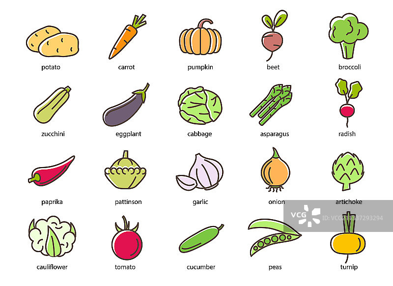 蔬菜标志颜色细线图标设置图片素材