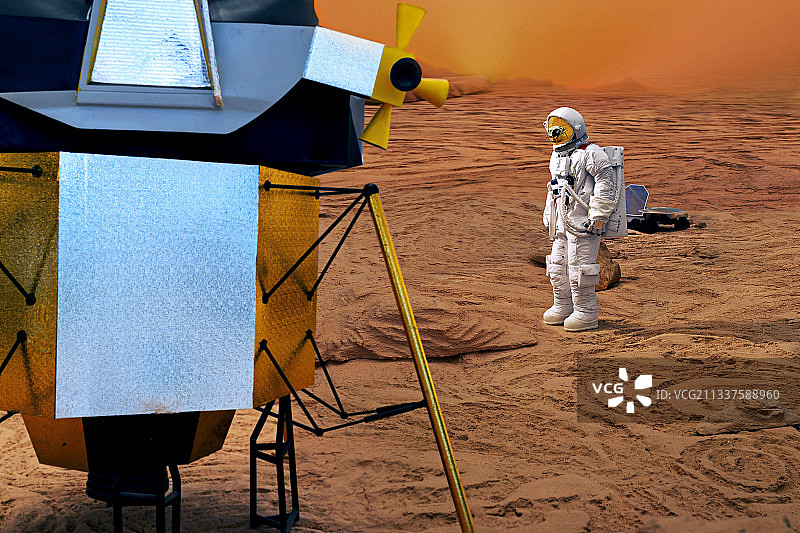 宇航员和火星车乘坐火星着陆飞船在火星上执行任务图片素材