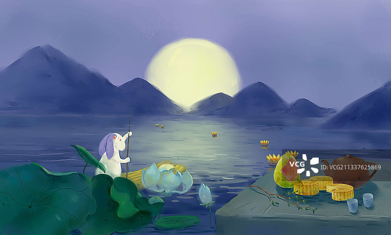 月光下的湖边夜景图片素材