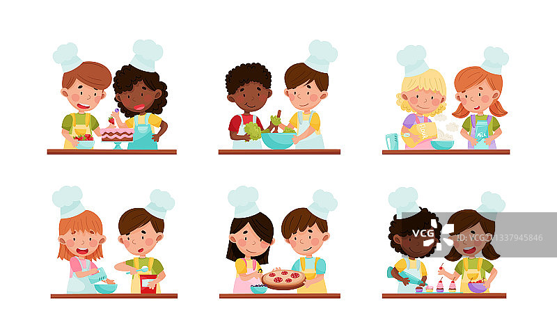 快乐的男孩和女孩厨师角色穿着围裙图片素材