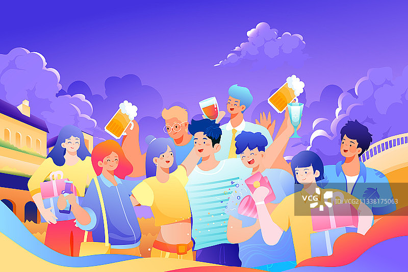 卡通朋友夏季夏天食品美食餐饮啤酒庆祝消费电商促销优惠矢量插画图片素材
