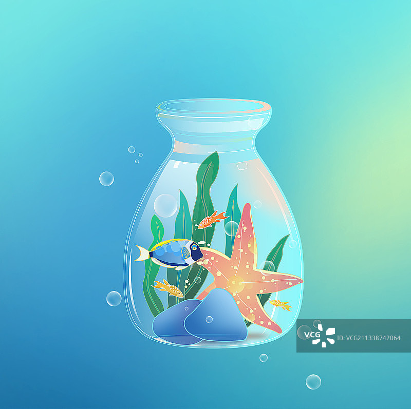 玻璃瓶内的海洋生物卡通图案图片素材
