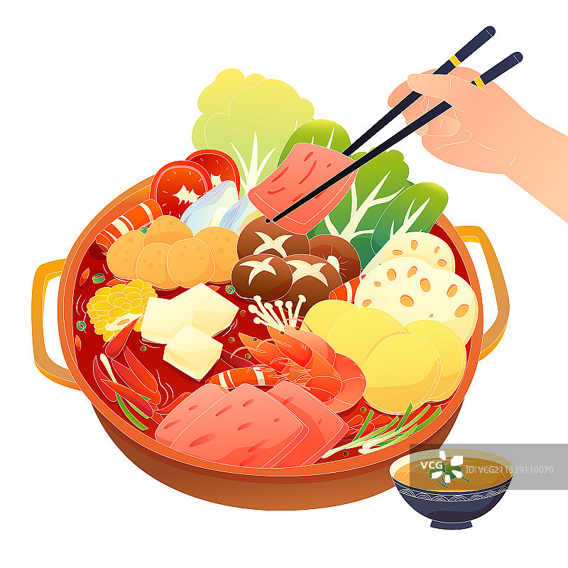 美味火锅、食材和手夹起食物国潮风美食矢量插画元素图片素材