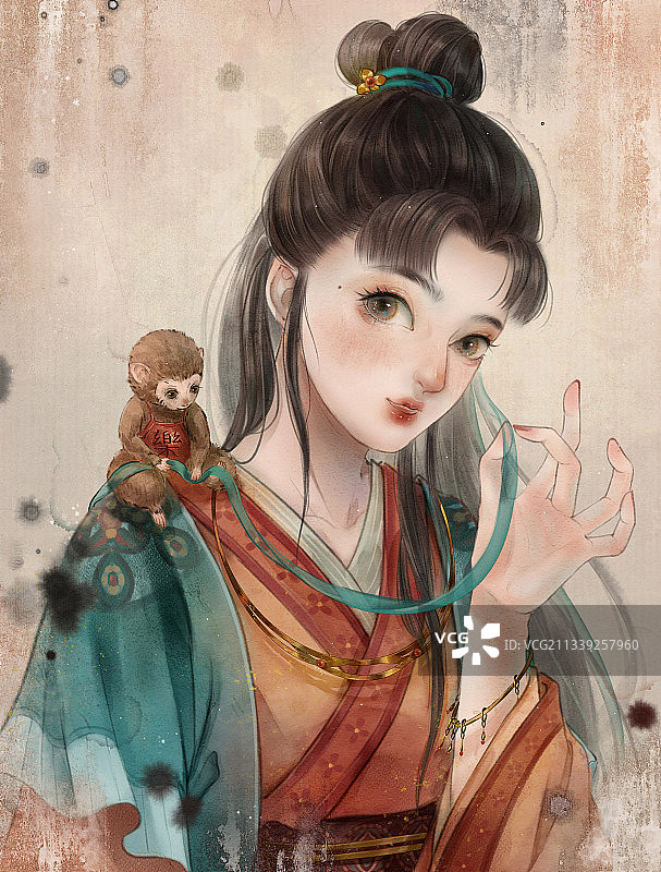 十二生肖拟人中国风古风水墨插画——猴图片素材