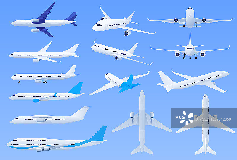 蓝色背景下不同角度的飞机图片素材