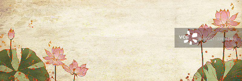 中国风金色边水墨传统华丽装饰奢靡风背景插图荷花荷叶1图片素材