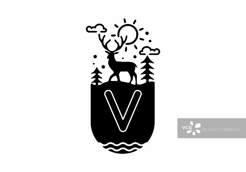 黑色线条艺术鹿徽章与v首字母名称图片素材