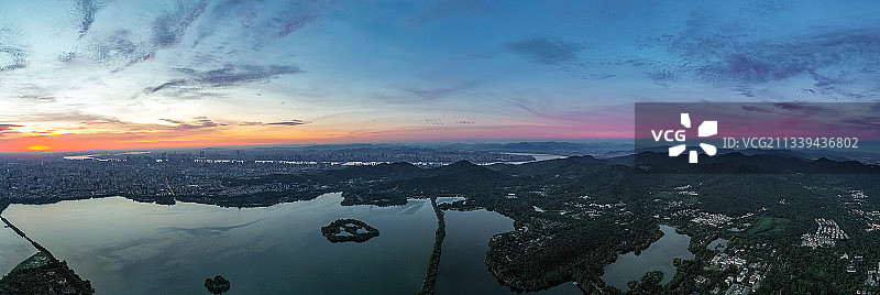 杭州西湖清晨全景航拍风光图片素材