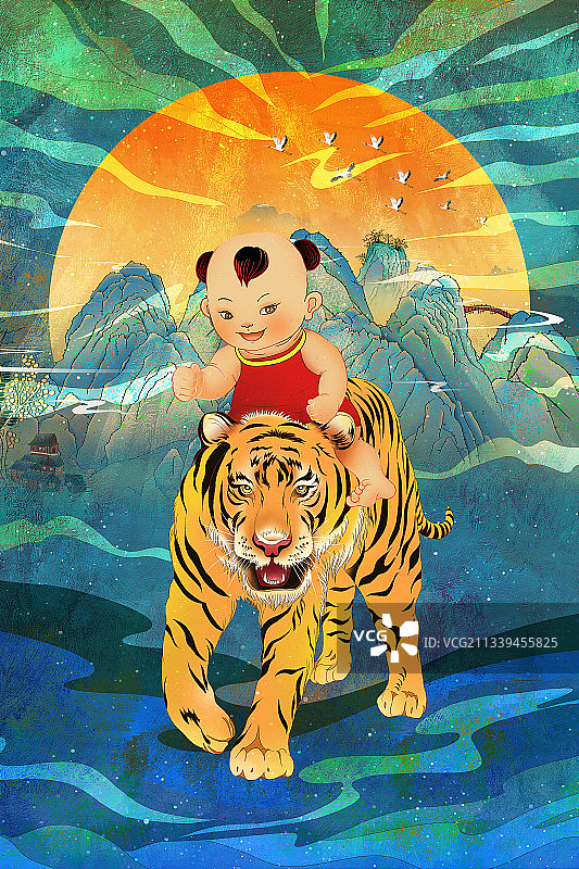 2022虎年年俗插画 骑在老虎身上的小孩图片素材