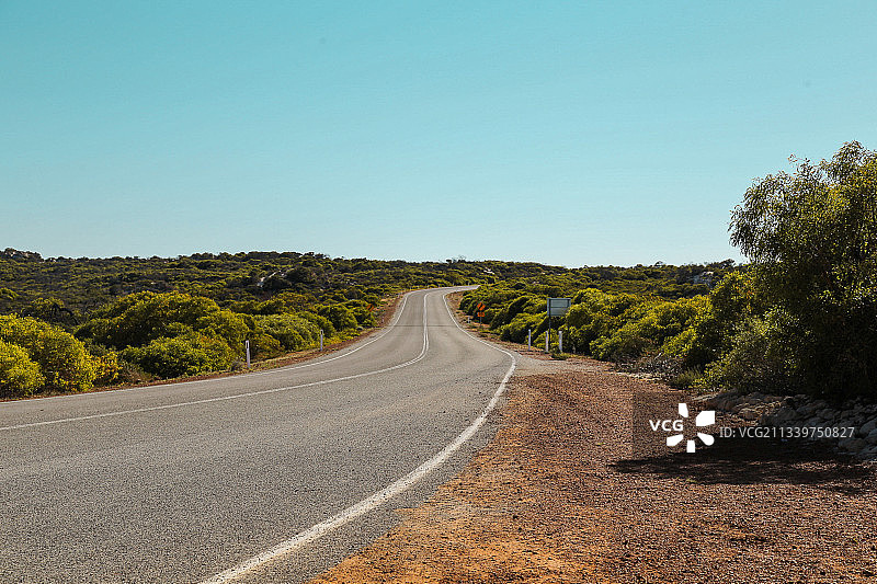 在晴朗的天空下，树木中间的空旷道路，澳大利亚西部图片素材