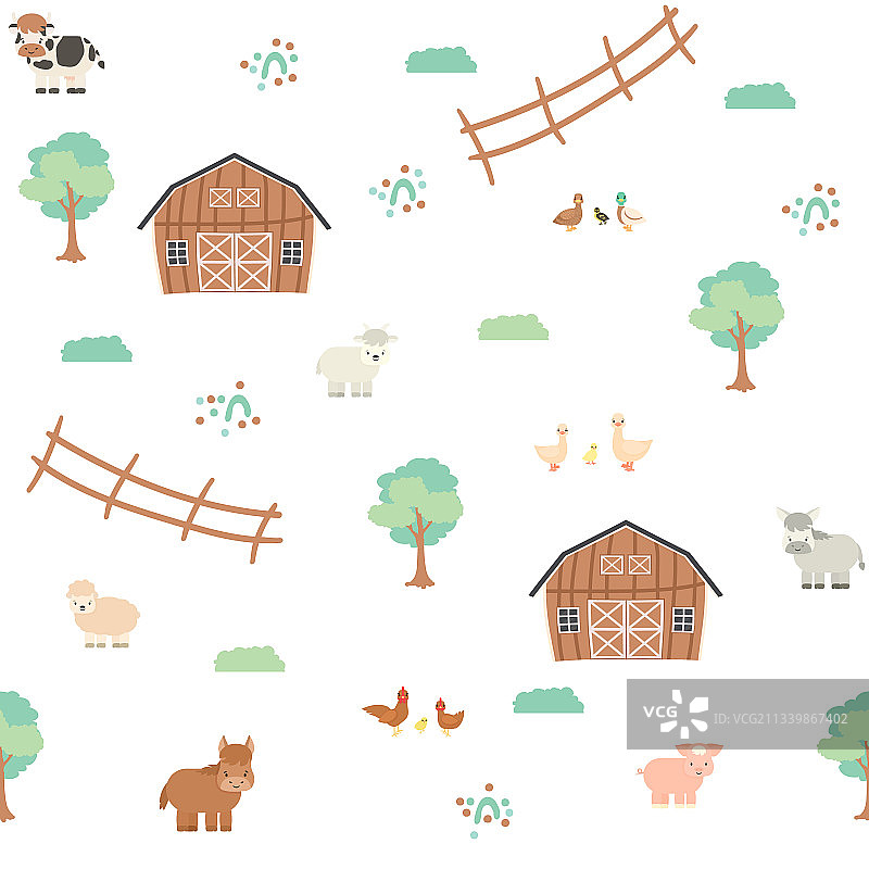 可爱的棕色谷仓绿色的树篱笆农场卡通图片素材