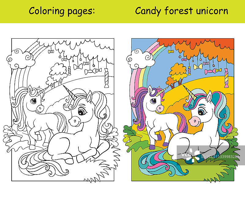 可爱的独角兽在秋天的森林里着色图片素材