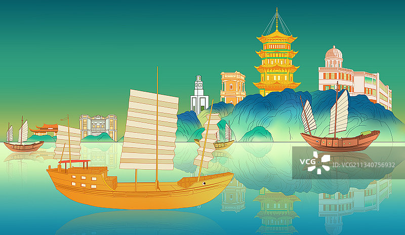 国潮风中国历史名城福建泉州城市建筑海洋商贸城市插画图片素材