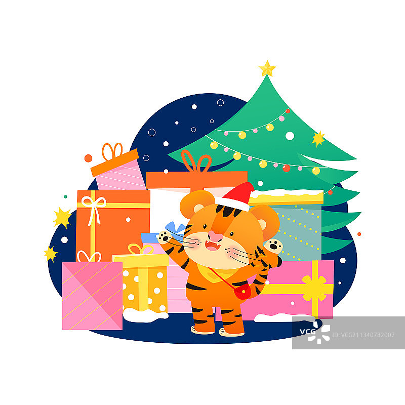虎年可爱小老虎站在礼物中庆祝圣诞节矢量插画海报图片素材