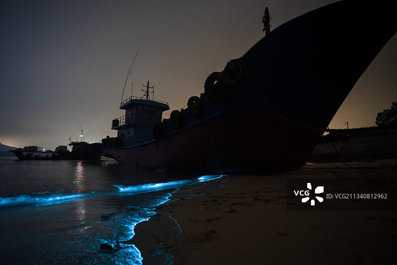 平潭蓝眼泪荧光海海萤与轮船图片素材