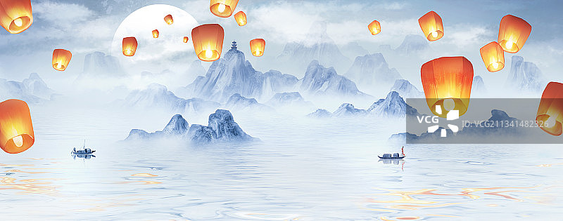中国风山水画飘在空中的孔明灯图片素材
