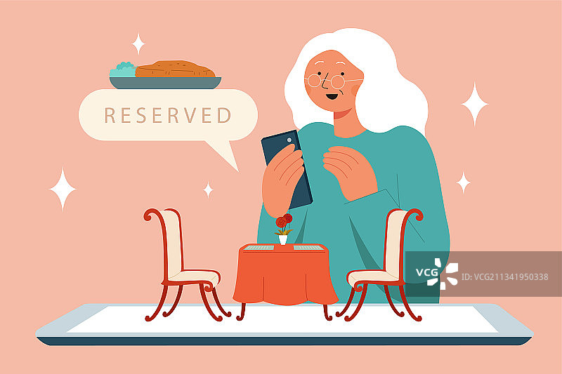 老年妇女用手机网上预订餐厅图片素材