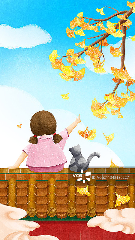 一个小女孩和猫咪坐在屋顶上看银杏叶图片素材