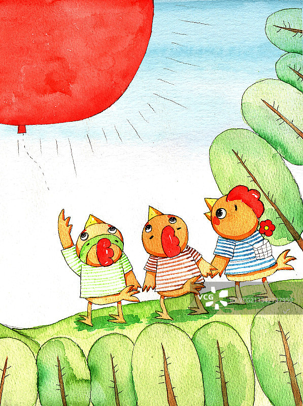 绘本插画母鸡小鸡系列-小鸡看太阳图片素材