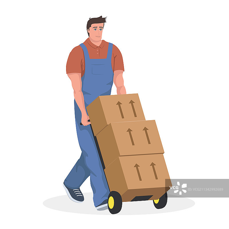搬运工带着货物推车和箱子走着图片素材