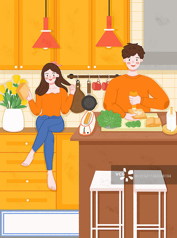 情侣在厨房快乐做早餐图片素材