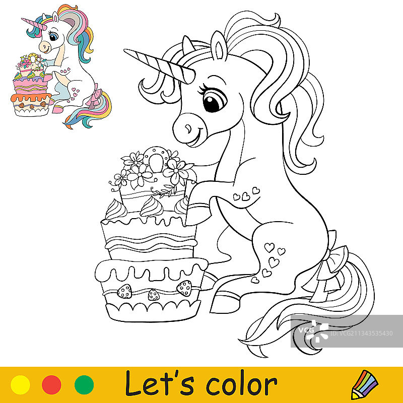 卡通可爱坐独角兽与蛋糕着色图片素材