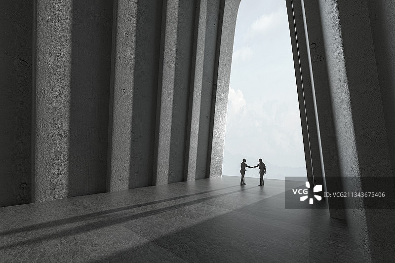 拱形走廊的现代建筑和握手的商务人士，三维图形图片素材