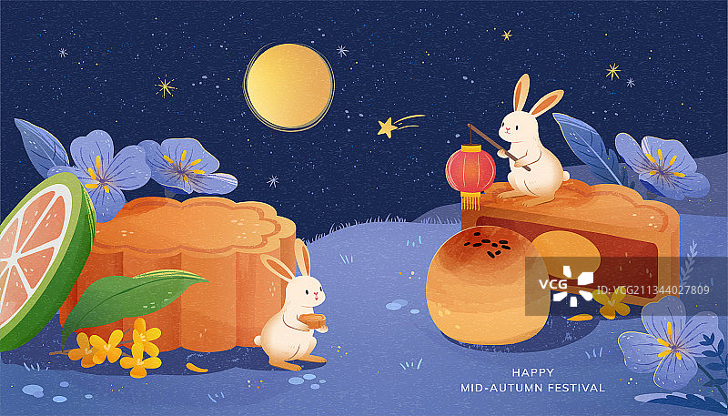 中秋佳节满月夜玉兔与月饼横幅插图图片素材