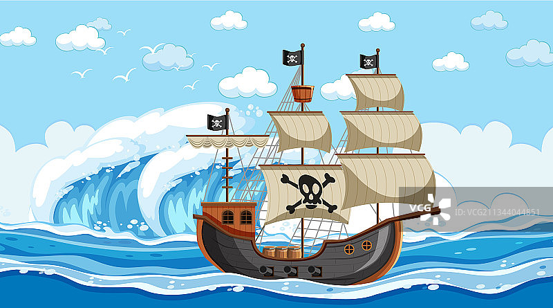 白天的海洋景色与海盗船在一起图片素材