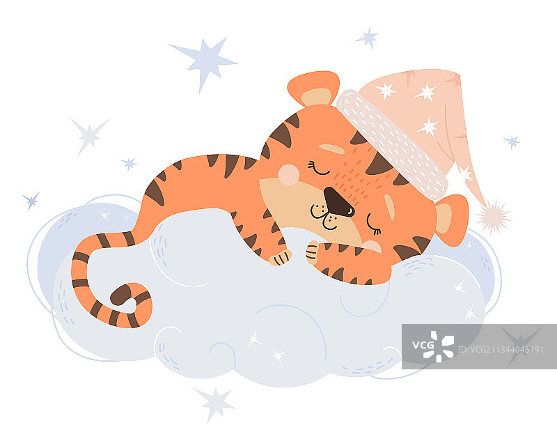 一只可爱的小老虎头戴粉色睡帽，抱在一起睡觉图片素材
