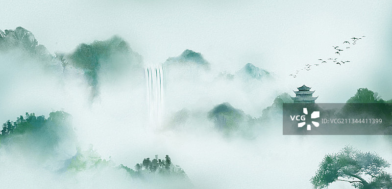 绿色雾气山水画图片素材