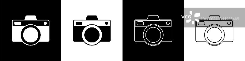 设置照片相机图标孤立在黑色和白色图片素材