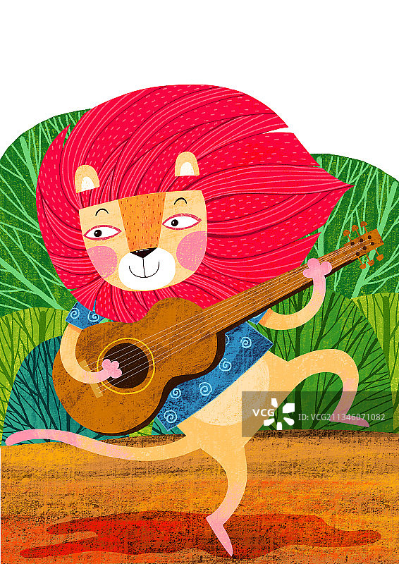 儿童插画扁平动物风格-会跳舞弹吉他的红头发狮子图片素材