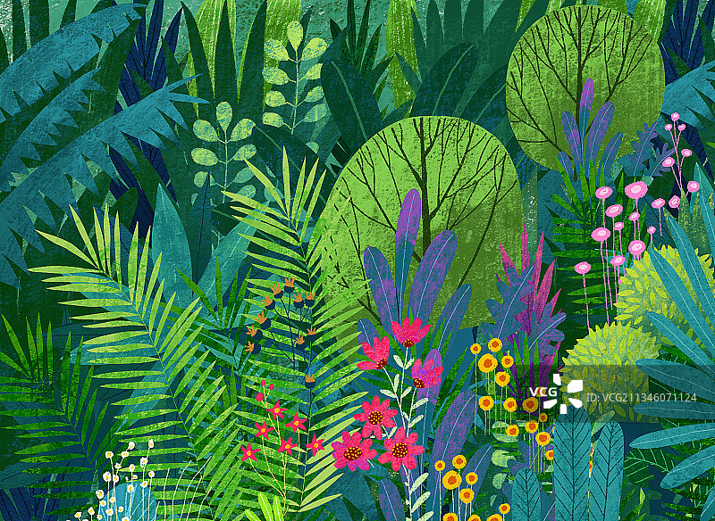 风景插画扁平风格-美丽的花园图片素材