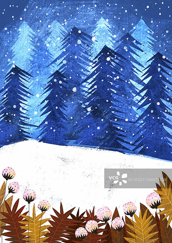 风景插画扁平风格-森林里的雪图片素材