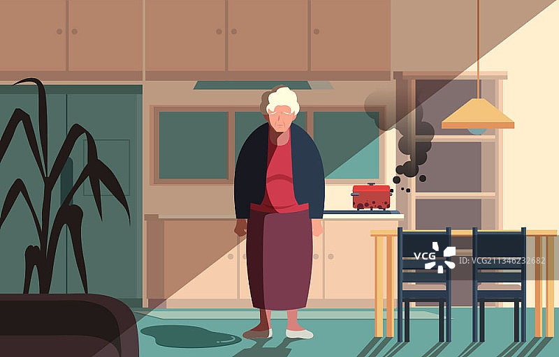 一个精神错乱的老妇人独自站着的插图图片素材