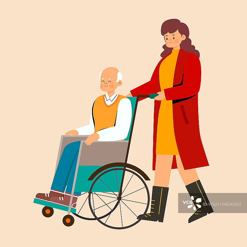用轮椅推老人矢量插画图片素材