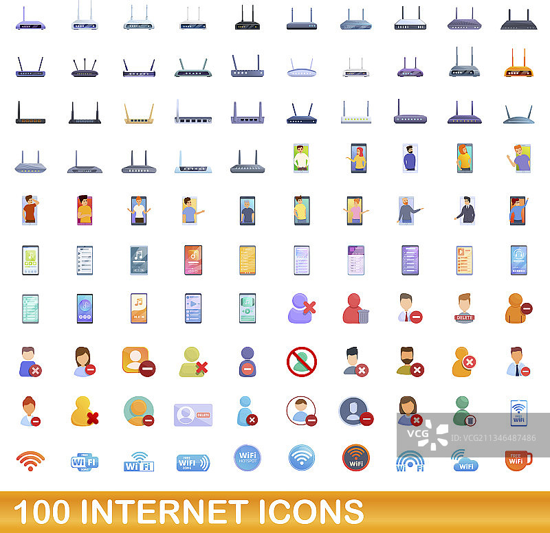 100个互联网图标设置卡通风格图片素材
