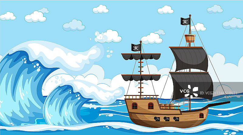 白天海面上有海盗船的景象图片素材