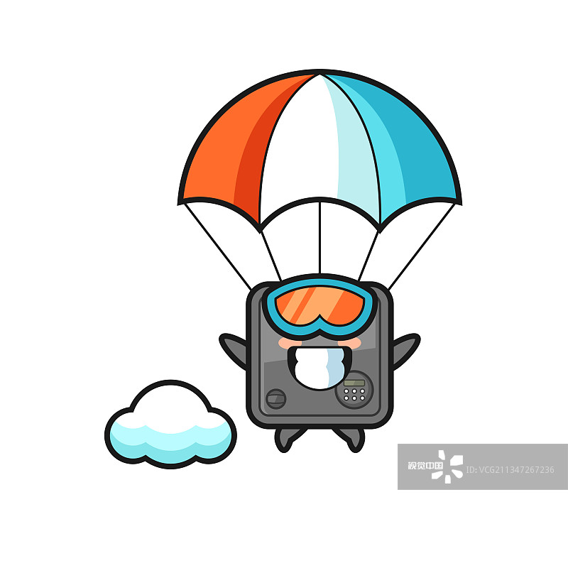 保险箱吉祥物卡通是跳伞与快乐图片素材