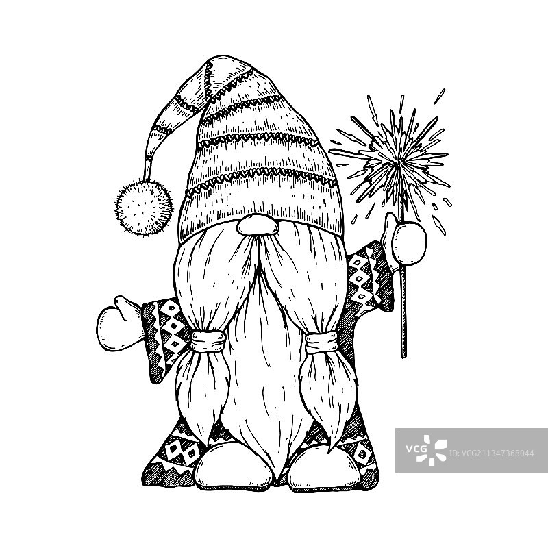 手画圣诞侏儒与焰火在图片素材