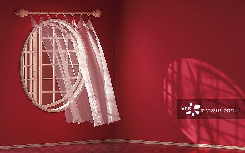 带窗帘的圆形窗户 3D渲染图片素材