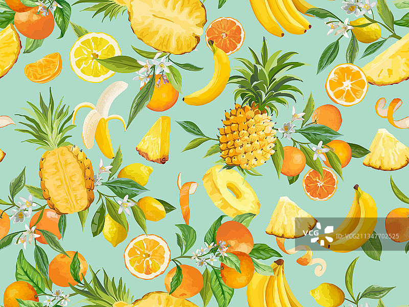 无缝菠萝，香蕉，柠檬，桔子图片素材