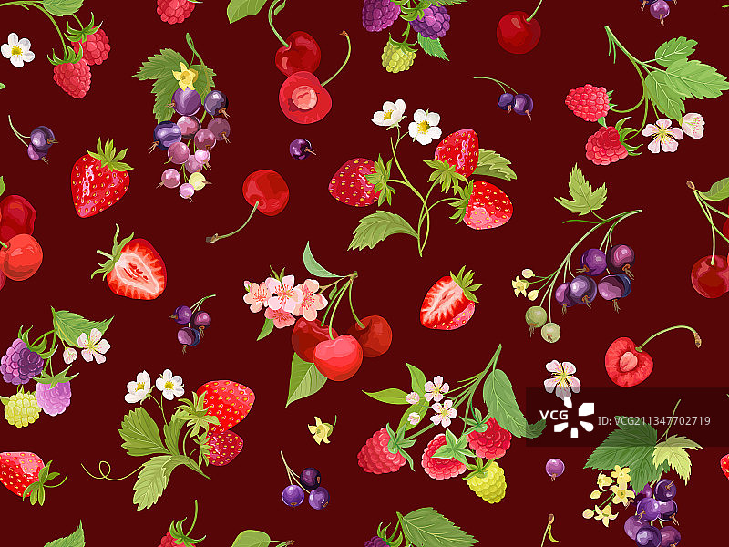 水彩樱桃、草莓、覆盆子黑色图片素材