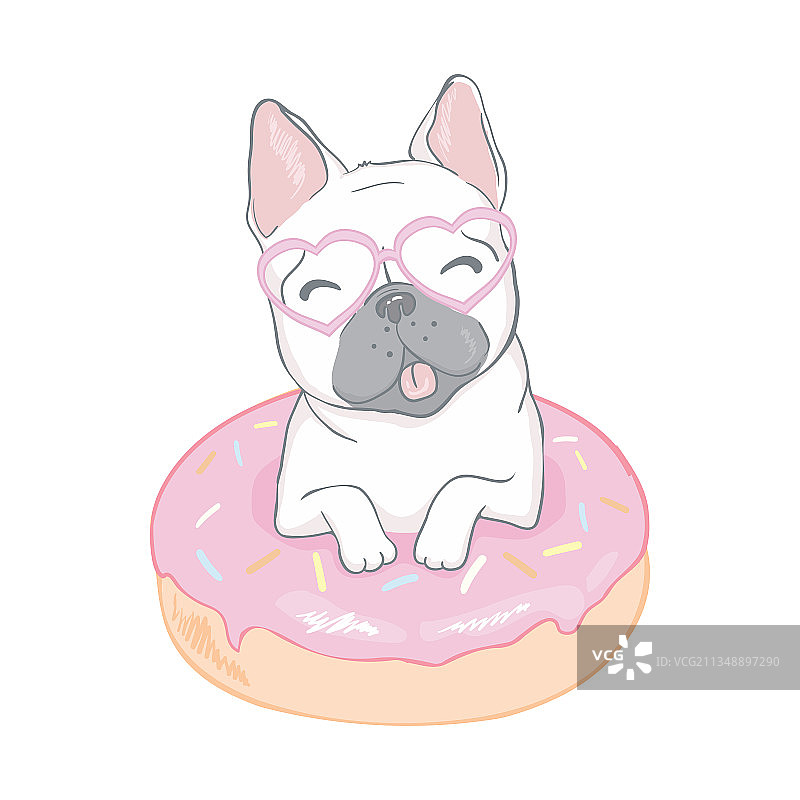 可爱的斗牛犬和一个甜甜圈在一个孤立的白色图片素材