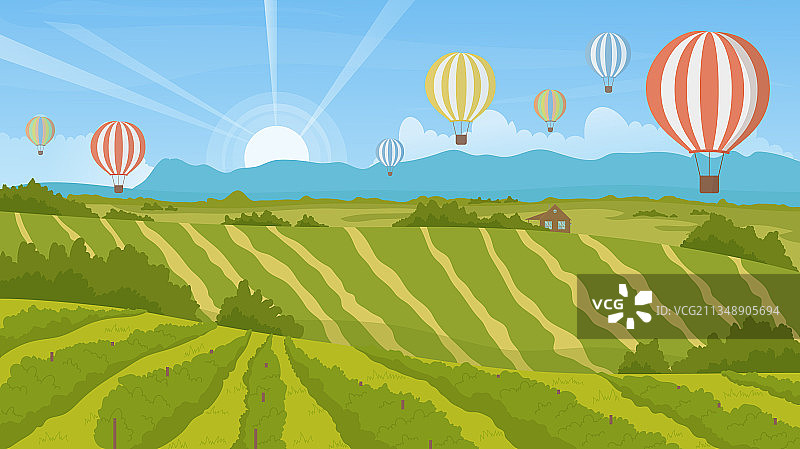 夏天绿色的风景用可爱的气球飞行图片素材
