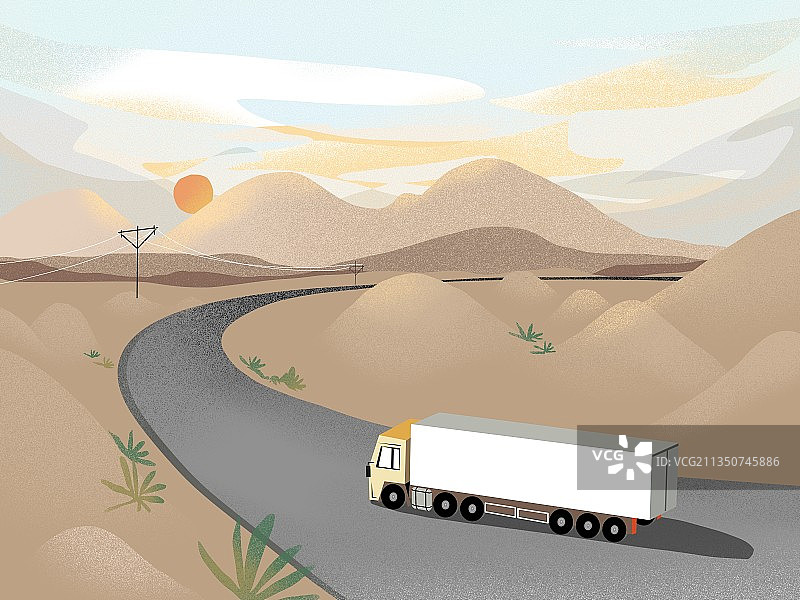 沙漠落日公路货车插画图片素材