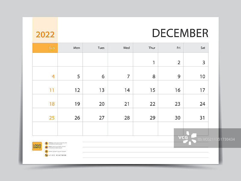2022年每月日历模板- 12月图片素材