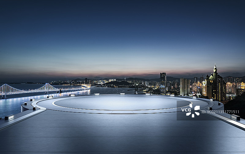 三维渲染的空中平台和城市天际线图片素材